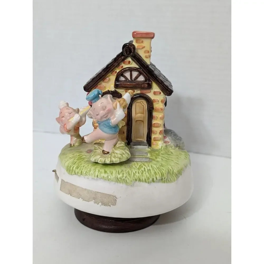 Vintage Disney Schmid Three Little Pigs & Big Bad Wolf Rotating Music Box - Rare